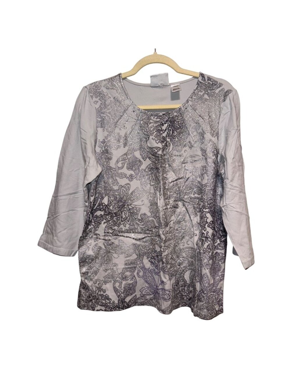 Alfred Dunner Womens Paisley Print 3/4 Sleeve Top With Glitter Accents Size M
